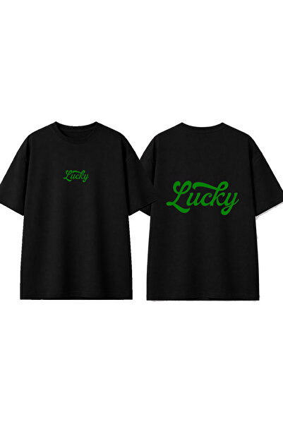 urbvn Lucky Green Design Printed Black Oversize T-Shirt