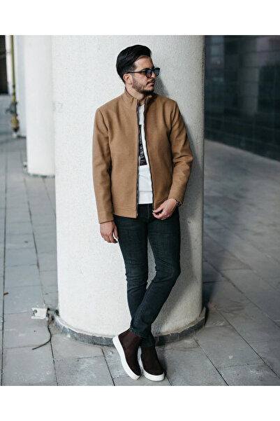 Avni Ceylan Men's Premium Hakim Collar Zippered Cashmere Coat