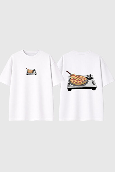 urbvn تي شيرت أبيض كبير الحجم مطبوع بتصميم طبق البيتزا
