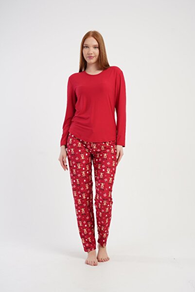 OBJE Women's Red Deer Patterned Long Pajama Bottoms