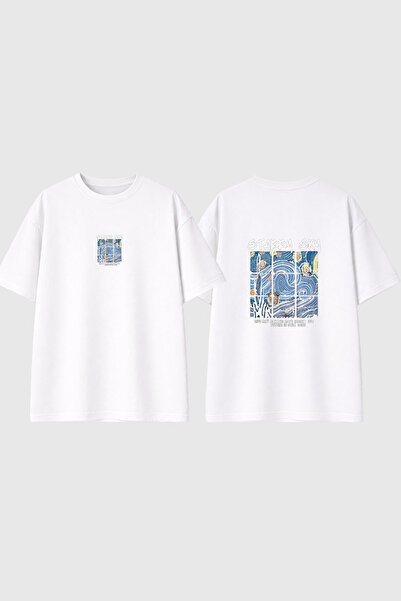 urbvn تي شيرت أبيض كبير الحجم مطبوع بتصميم ستاري سكاي