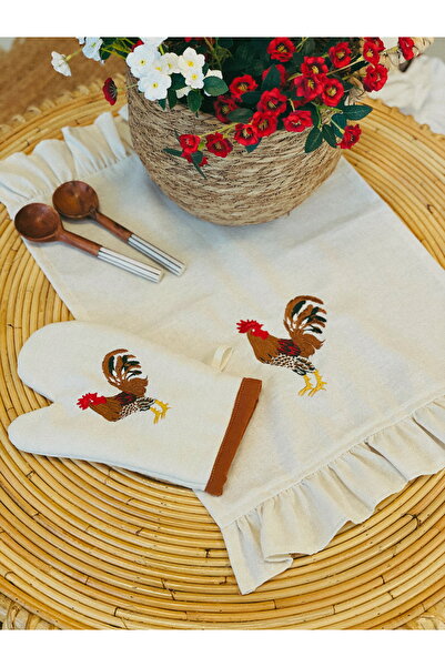 HOME OF BLOSSOM Embroidered Ruffled Raw Linen Oven Cover + Oven Mitt