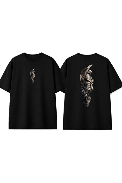 urbvn Ancient Angel Design Printed Black Oversize T-Shirt