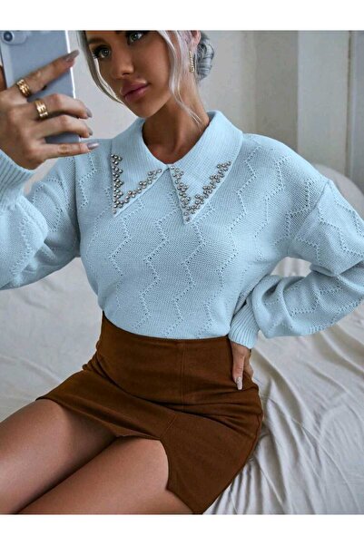 KAREN TEKSTİL Shirt Collar Stone Embroidered Knitwear Sweater