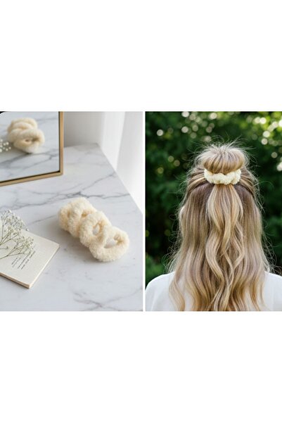 SOFT Набір з 4 маленьких гумок для волосся з пухом (кремовий)