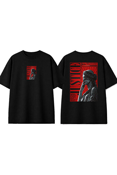 urbvn Justice Red Design Printed Black Oversize T-Shirt