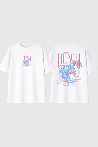 urbvn Μπλουζάκι με στάμπα Beach Life Design σε λευκό χρώμα και oversized γραμμή