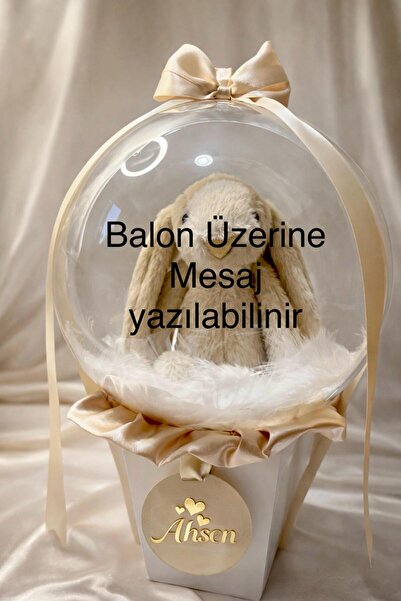 İsimli Hediye Balon Kutusu - Peluş Tavşanlı Lüks Hediye- Bebek & Doğum Günü Hediyesi