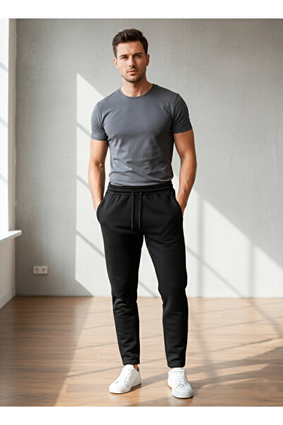 OBJE Men's Black 3 Thread Rastered Regular Fit Bottoms