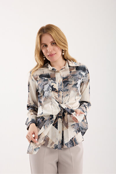 Moda Days Black-Mink Patterned Front-Tie Satin Shirt