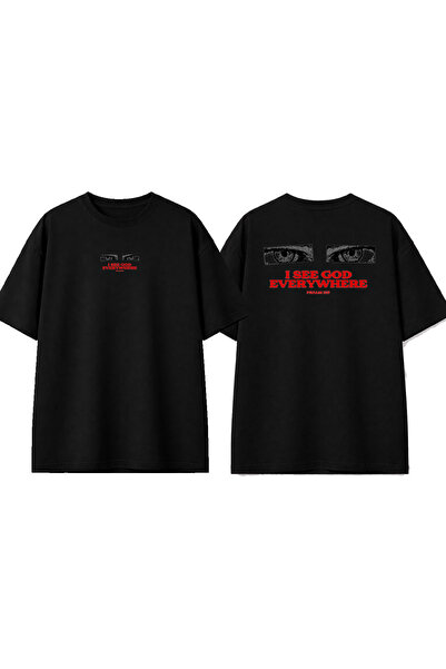 urbvn I See God Design Printed Black Oversize T-Shirt
