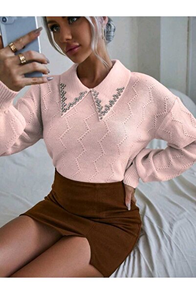 KAREN TEKSTİL Shirt Collar Stone Embroidered Knitwear Sweater