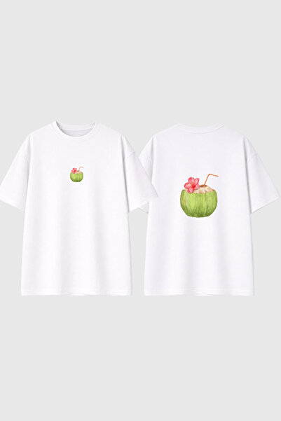 urbvn تي شيرت أبيض كبير الحجم مطبوع بتصميم عصير جوز الهند