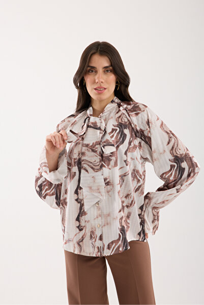 Moda Days Coffee-Mink Patterned Satin Shirt with Elastic Sleeves and Tie Collar