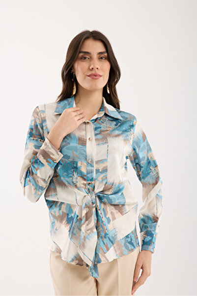 Moda Days Turquoise-Mink Patterned Front-Tie Satin Shirt