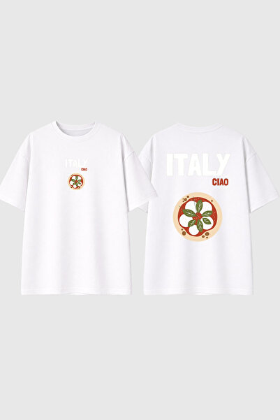 urbvn تي شيرت أبيض كبير الحجم مطبوع بتصميم البيتزا الإيطالية