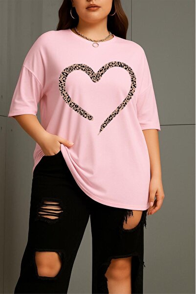 Oksit Love Women's Large Size Oversized Printed Crew Neck Cotton T-Shirt Rela...