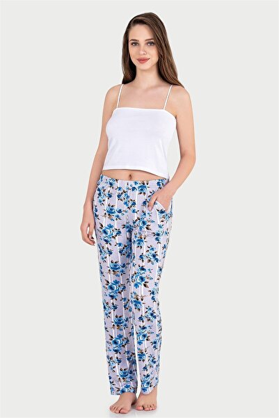 OBJE Women's Blue Floral Viscose Long Bottoms