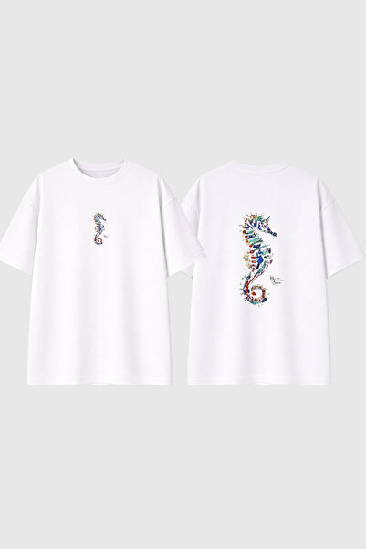 urbvn Seahorse Design Printed White Oversize T-Shirt