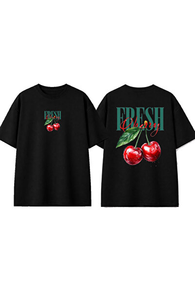 urbvn تي شيرت أسود كبير الحجم مطبوع بتصميم فريش تشيري