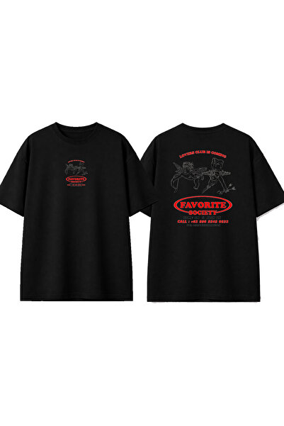 urbvn تي شيرت أسود كبير الحجم مطبوع بتصميم فافوريت سوشيتي