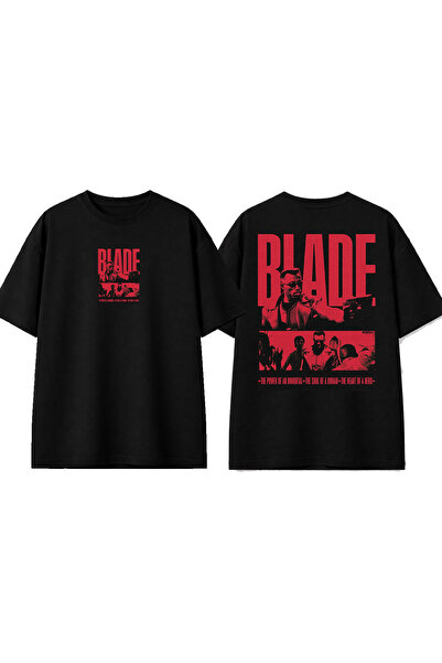 urbvn تي شيرت أسود كبير الحجم مطبوع بتصميم بليد ديزاين