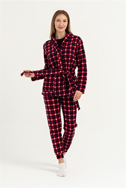 OBJE Women's Navy Blue Red Plaid Fleece Long Sleeve Dressing Gown