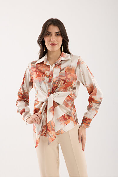 Moda Days Orange-Mink Patterned Front-Tie Satin Shirt
