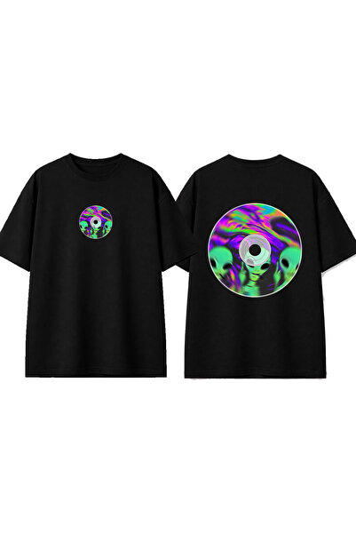 urbvn Cd Alien Design Printed Black Oversize T-Shirt