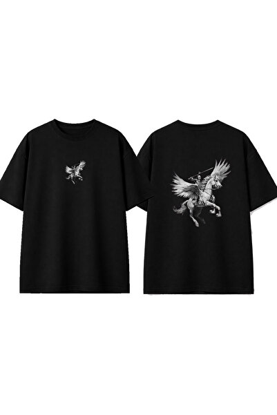 urbvn Pegasus Design Printed Black Oversize T-Shirt