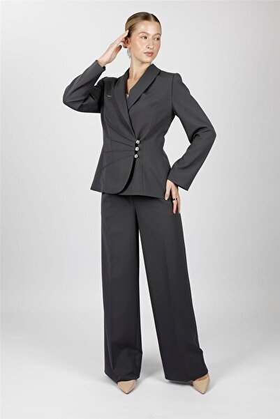 ÖNDER ÖZSOY Shawl Collar Double-Breasted Jacket & Classic Palazzo Women's Tro...