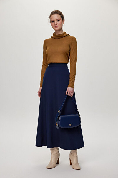 Zühre Accessory Detailed Navy Blue Skirt with Hidden Zipper 0228