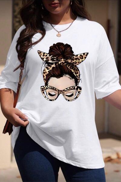 Oksit Ceny Women's Large Size Oversized Printed Crew Neck Cotton T-Shirt Rela...