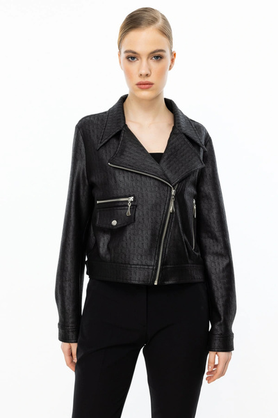 Ekol Women's Printed Black Nubuck Jacket 06012