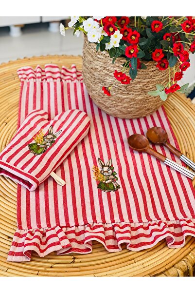 HOME OF BLOSSOM Embroidered, Ruffled Red Striped Linen Oven Cover + Oven Mitt