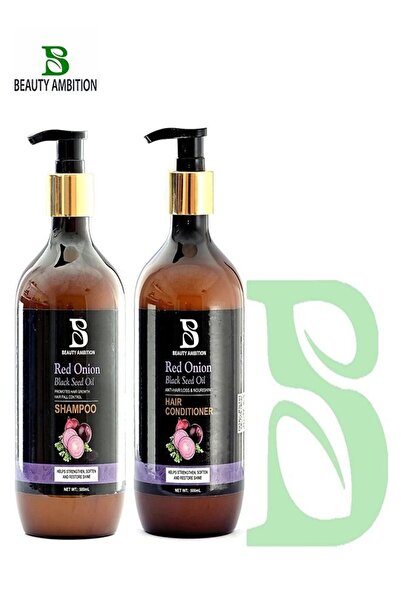 BEAUTY AMBITION مجموعة بلسم وشامبو بزيت البصل الأحمر وحبة البركة لتقوية الشعر