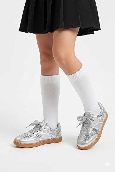 McDark Silver Velcro and Bow-Decorated Sequined Children's Sneaker Shoes