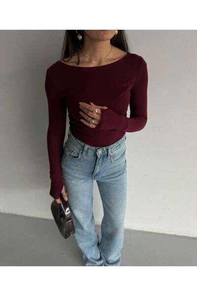 VAN SCHENDEL Kadın Bordo Kayık Yaka Parmak Geçmeli Likralı Uzun Kollu Body