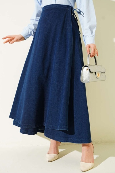 Bestenur Parça Detay Bağlamalı Kot Etek 1683 - Koyu Mavi