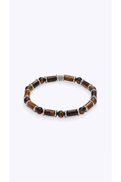 TARZ-I TAKI Natural Stone Brown Tiger's Eye Stone Silver Detail Sphere Bracelet