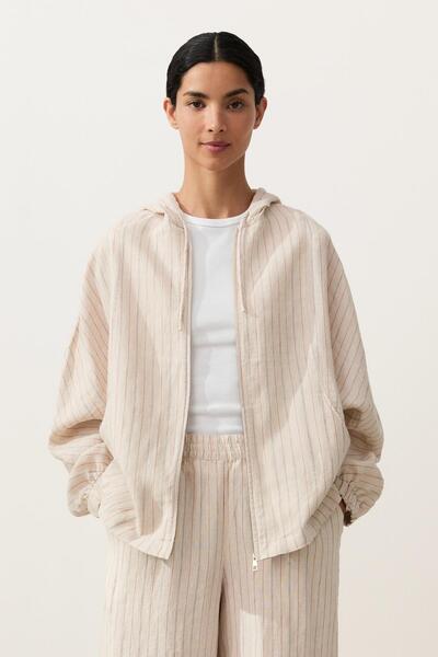 Oysho 100% linen striped hooded jacket