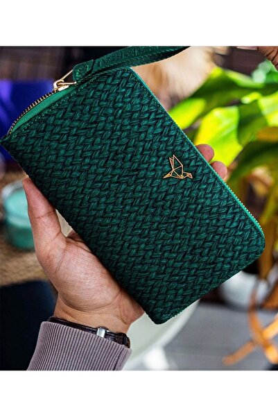 Garbalia Ele Takmalı Straw Weave Pattern Green Portfolio Wallet with Plenty o...