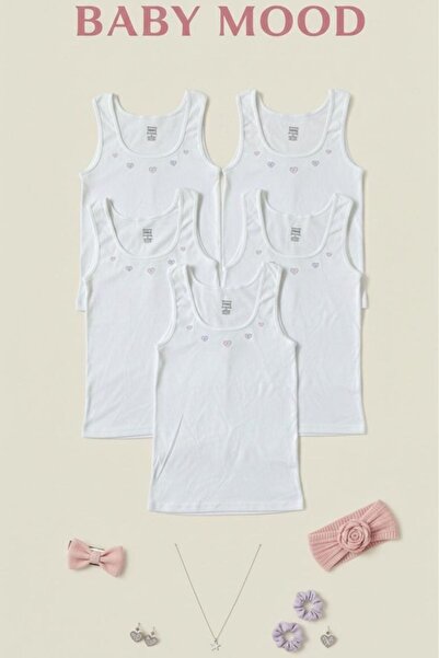 Tutku 5'li Paket %100 Pamuk Ribana Kumaş Nakışlı Geniş Askılı Kız Bebek Atleti