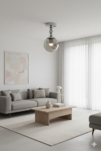 M Mediyamu Aydınlatma Plafonyer Tekli Füme Glop Camlı Krom Hol Antre Salon Av...