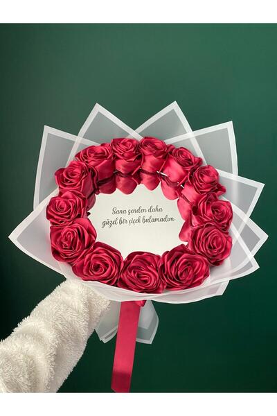 Buketim Seninle 13'lü Fuşya Aynalı Solmayan Gül Buketi, Saten Çiçek, Sevgilil...