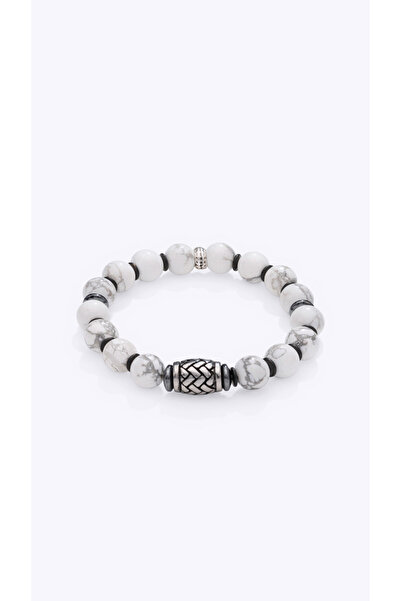 TARZ-I TAKI Natural Stone White 10mm Howlite Stone Silver Detail Men's Bracelet