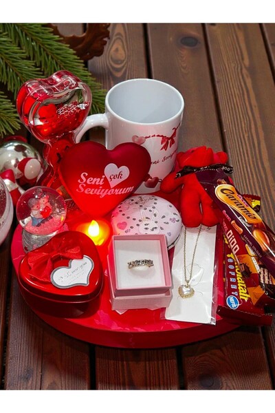 NATUREL Sevgiliye Özel Hediye Kalpli Kırmızı Kutulu Hediye Seti Orta Boy Kalp...