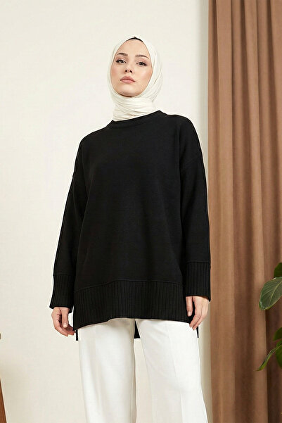 MODAQU Ribbed Detailed Slit Knitwear Tunic - Black