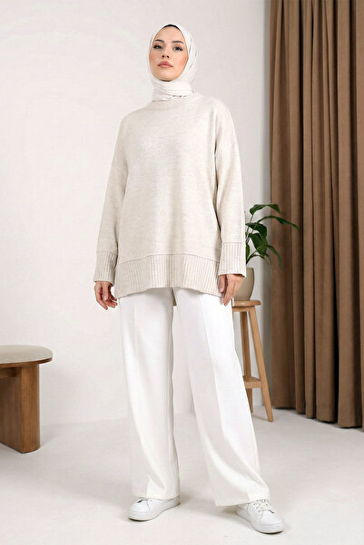 MODAQU Ribbed Detailed Slit Knitwear Tunic - Stone