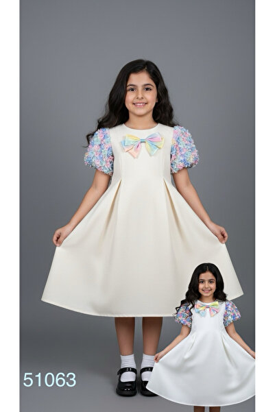 Rawai Roma White girl's dress with colorful rose sleeves and a bow